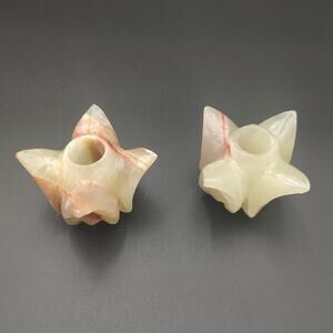 Onyx Flower Candle Holder Pair Hand Carved Stone Tulip VTG